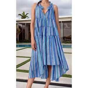 RO'S GARDEN Sasha Tiered Coverup Blue Striped V Neck Midi Dress size M